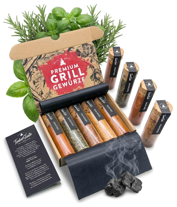 TIMBER TASTE® Grill Gewürze Geschenkset Männer | 5 erlesene BBQ Grillgewürze inkl. Rezepte | Grill Z
