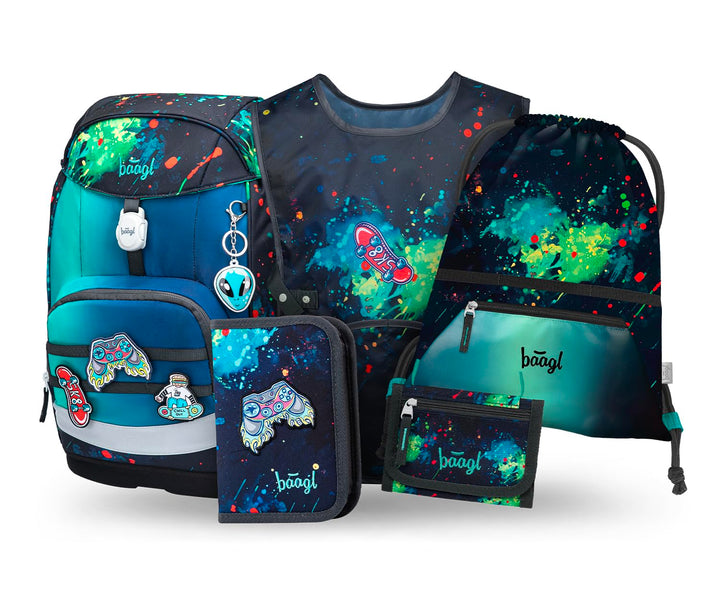 Baagl Schulranzen Jungen Set 5 Teilig (Airy Plus Schultasche für 1. Klasse, Mäppchen, Turnbeutel, Sc