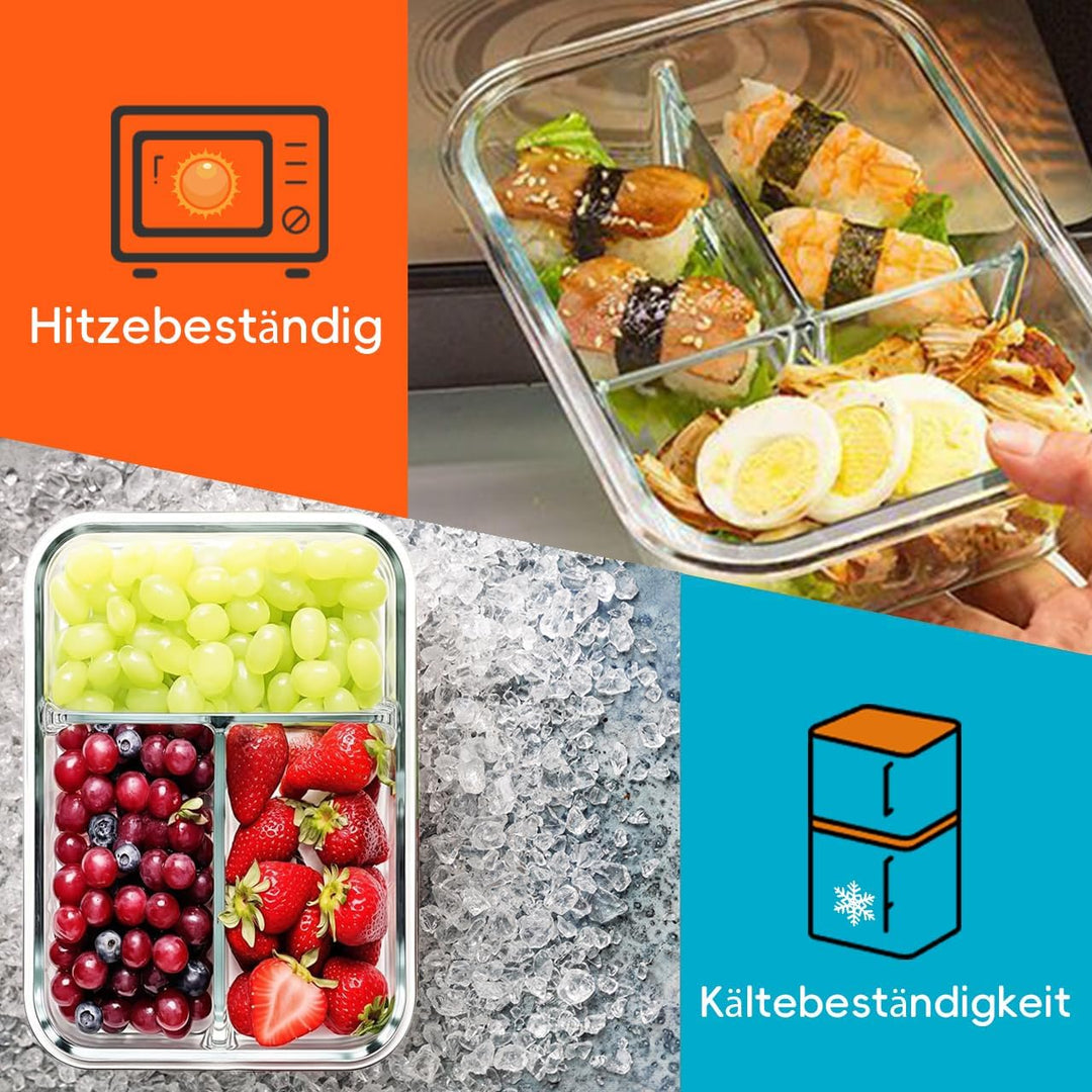Meal Prep Boxen – 4x1040ML Frischhaltedosen Glas Mit Deckel Mit 3-Fach-Trennsystem | BPA-Freie Aufbe