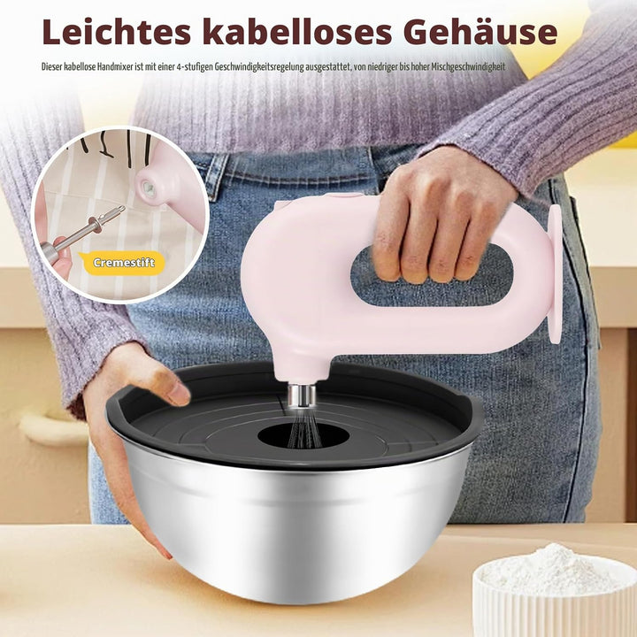 Elektrischer Handmixer: Rosa Handrührgerät mit 4 Stufen, Kabelloser Mixer Handrührer mit 2 Edelstahl