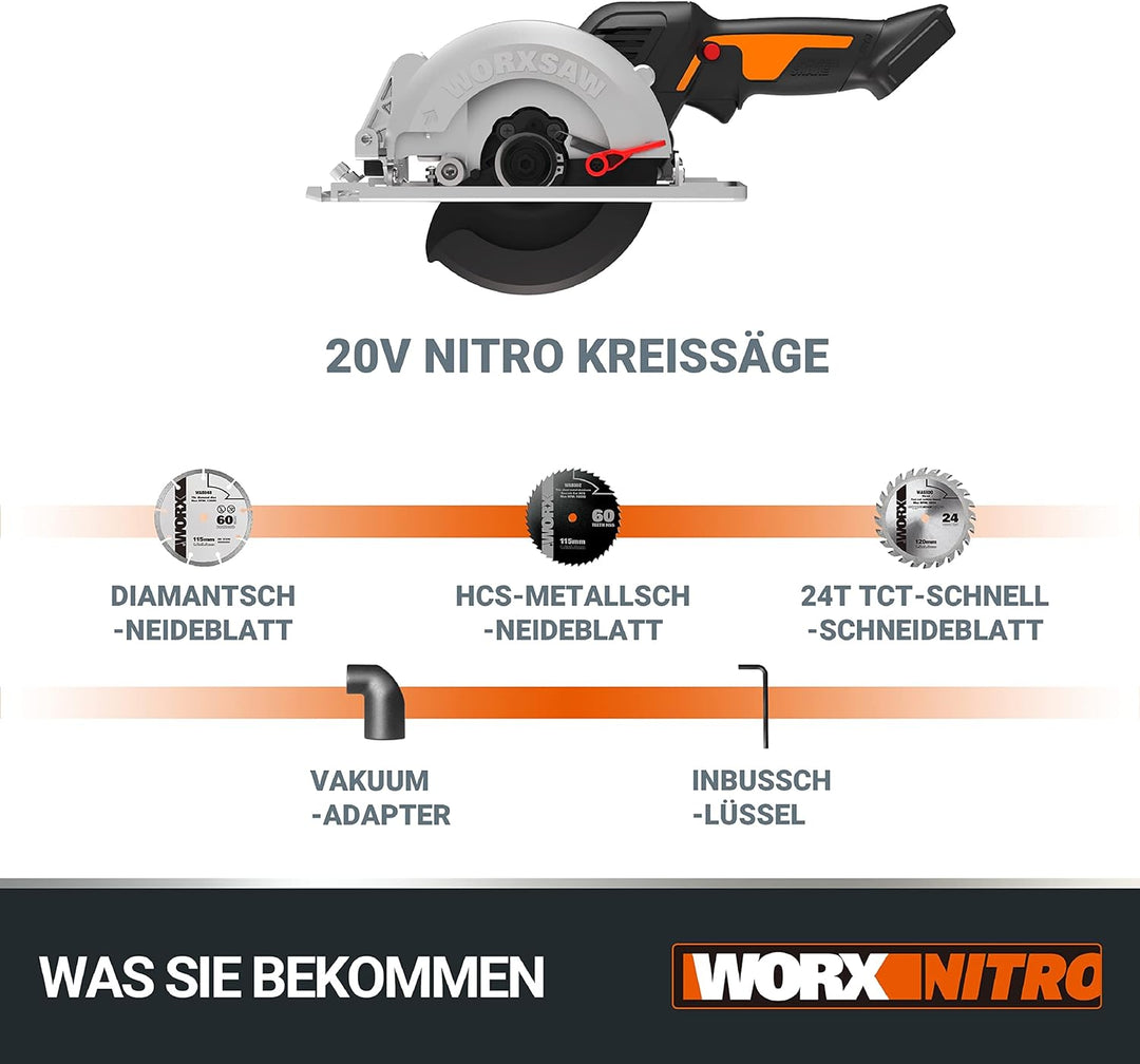 WORX WX531.9 Akku Handkreissäge 20V – Bürstenlose Kreissäge für exakte, gerade Schnitte – Schneidet