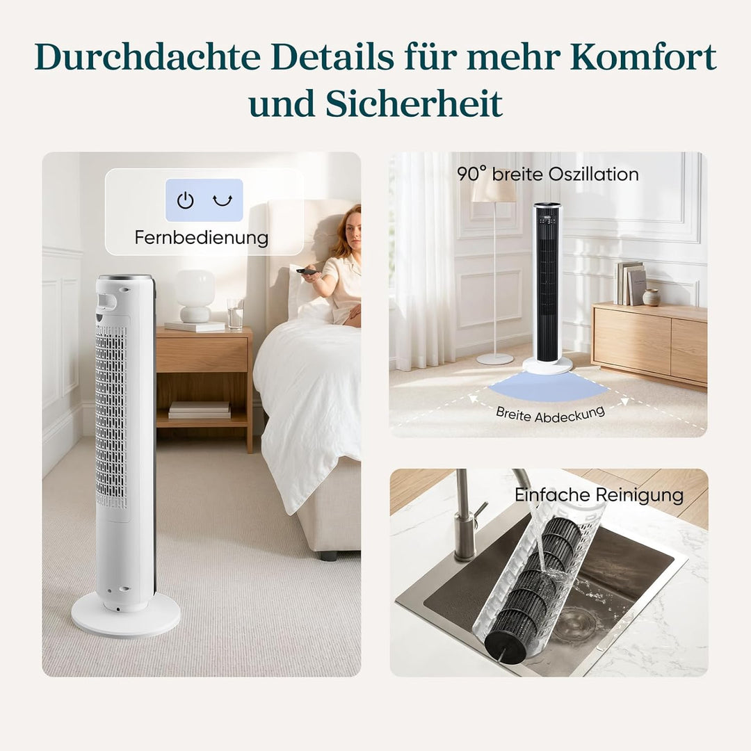 Levoit 20 dB sehr leiser Turmventilator mit Fernbedienung, 7,9 m/s Ventilator mit Kühlung, 90° oszil
