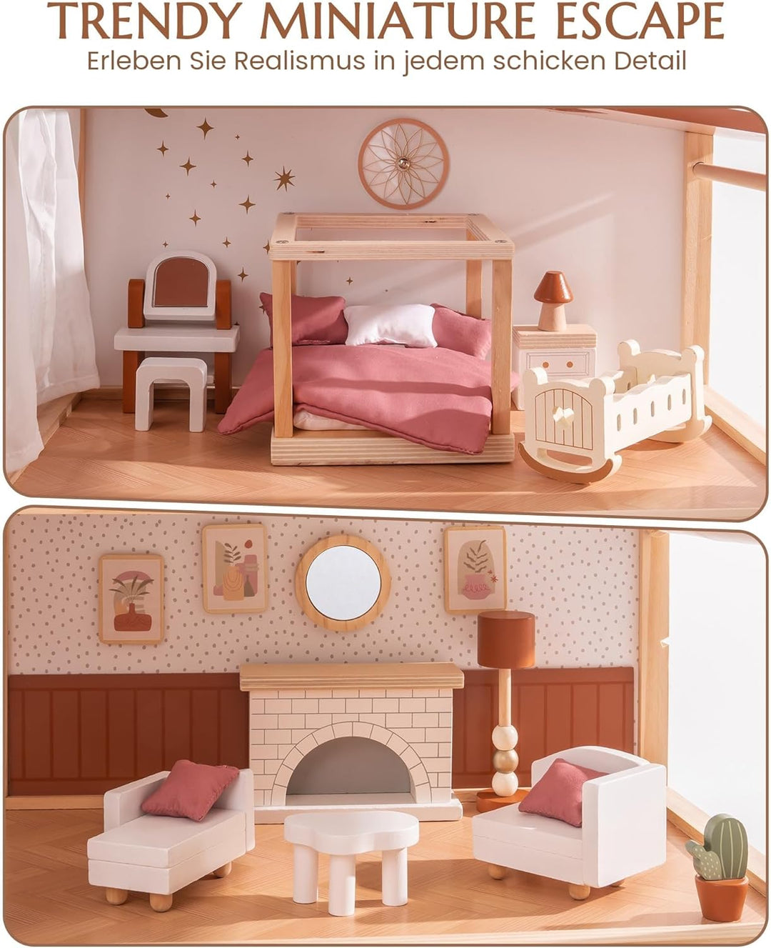 ROBUD Puppenhaus Holz, 3-Stöckiges Böhmischen Stil Puppenhaus mit 37 Zubehör & Möbel, Kinder Spielze