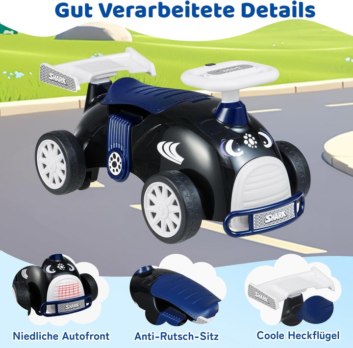 COSTWAY Rutschauto, Rutschfahrzeug im Hai-Design, Kinderfahrzeug mit Musik & Stauraum unter dem Sitz
