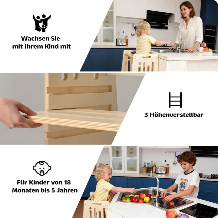 Kleinkind Tritthocker Kinderhocker, Toddler Tower & Lernhocker mit Sicherheitsbarriere, Kippschutz u