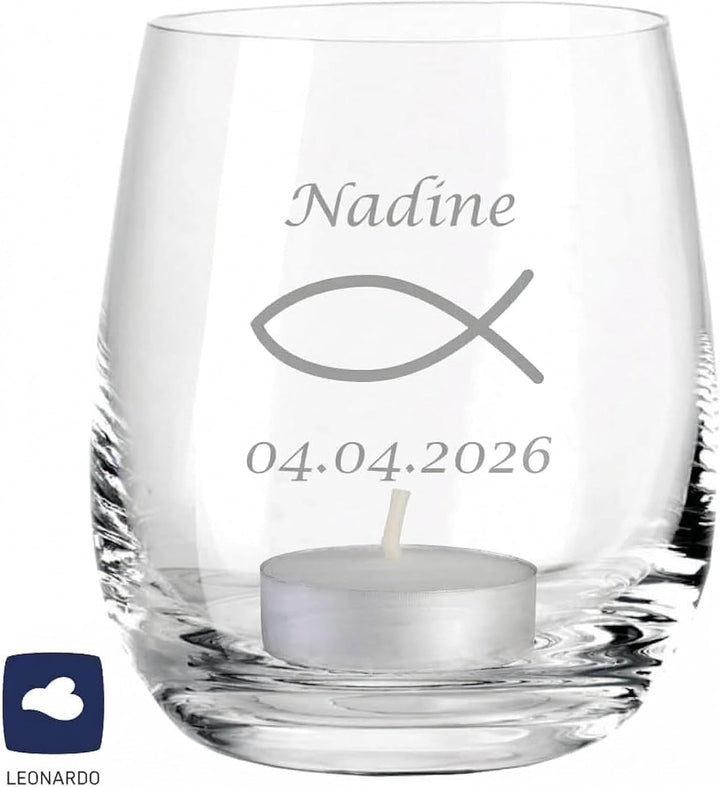 4you DESIGN 6-er Glas Fisch mit Gravur Datum und Name zur Konfirmation, Firmung, Kommunion oder Juge