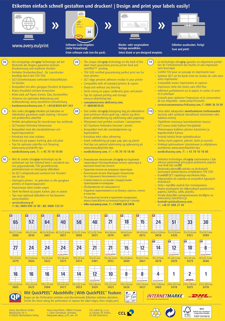 AVERY Zweckform 3475 Adressaufkleber (2.400 Klebeetiketten, 70x36mm auf A4, Papier matt, bedruckbare