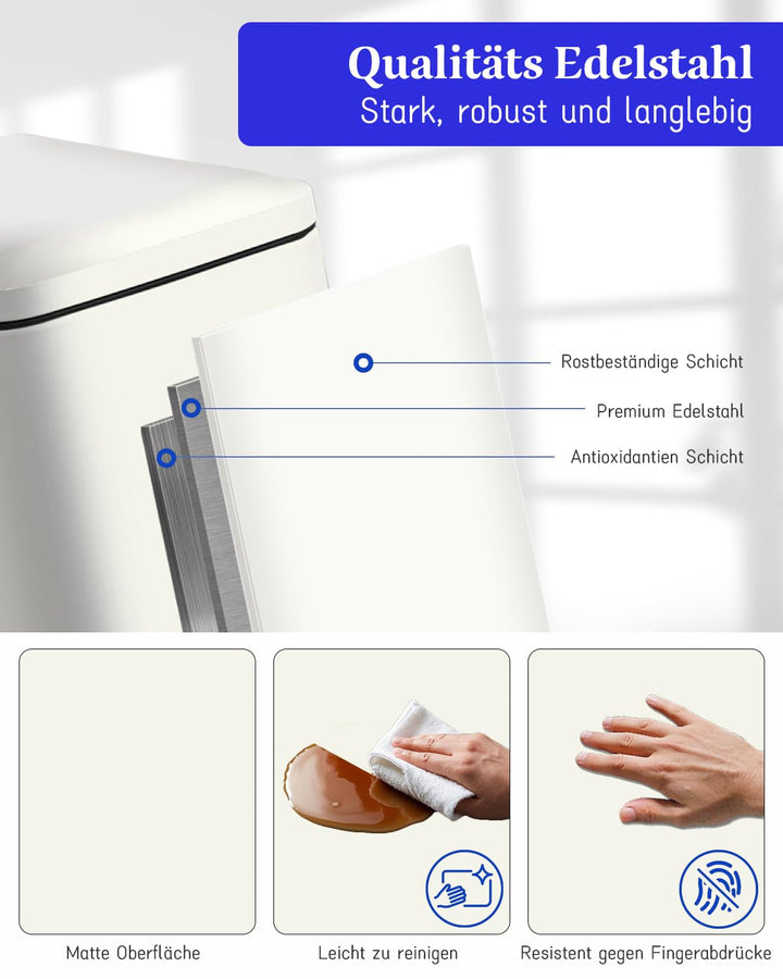 Mülleimer Küche 30L, Schmaler Tretmülleimer mit Deckel, Edelstahl Küchenmülleime mit Inneneimer, Rec