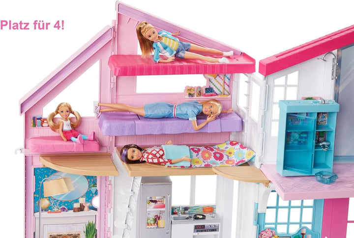 Barbie Malibu Haus, zweistöckige Traumvilla, mit 6 Zimmern, 25+ Barbie Zubehör, ohne Barbie Puppen,