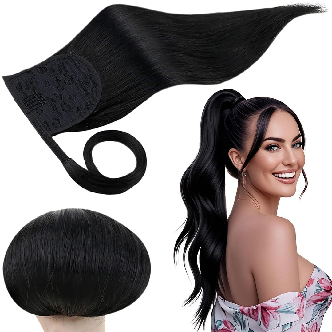 RUNATURE Echthaar Zopf Schwarz 45cm Gerade Echte Haare Ponytail Extensions Echthaar Schwarz Glatt Me