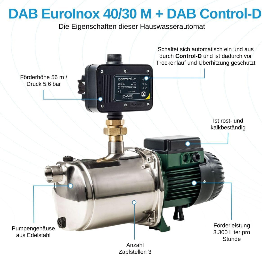 DAB EuroInox 40/30 M + DAB Control-D Hauswasserautomat - 3300 L/Std. - 880W - Förderhöhe 56 m - Rost