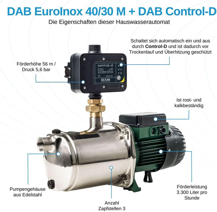 DAB EuroInox 40/30 M + DAB Control-D Hauswasserautomat - 3300 L/Std. - 880W - Förderhöhe 56 m - Rost