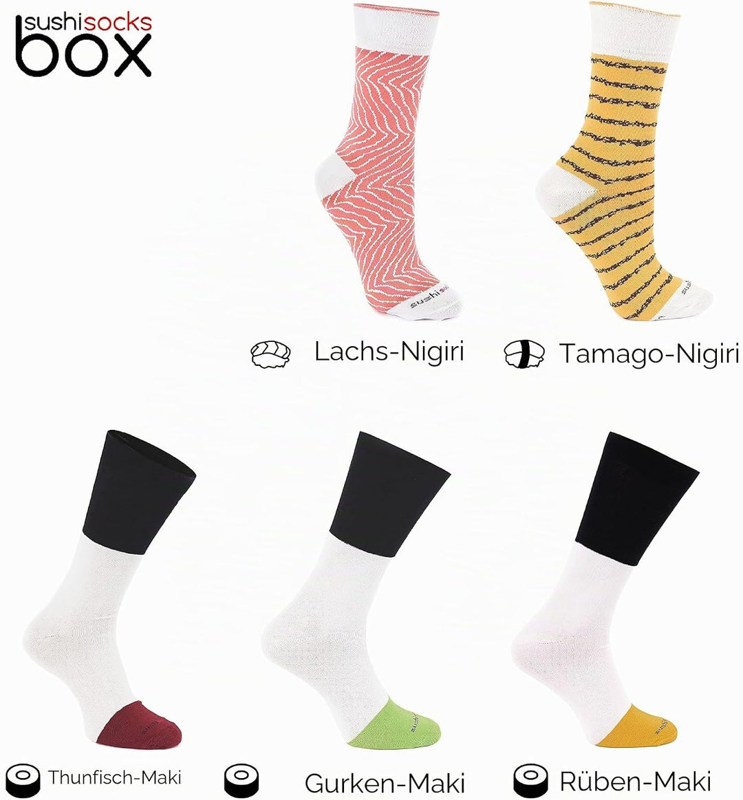 Rainbow Socks - Damen Herren - Sushi Socken Tamago Lachs 3x Maki - 5 Paar S Mehrfarbig, S Mehrfarbig