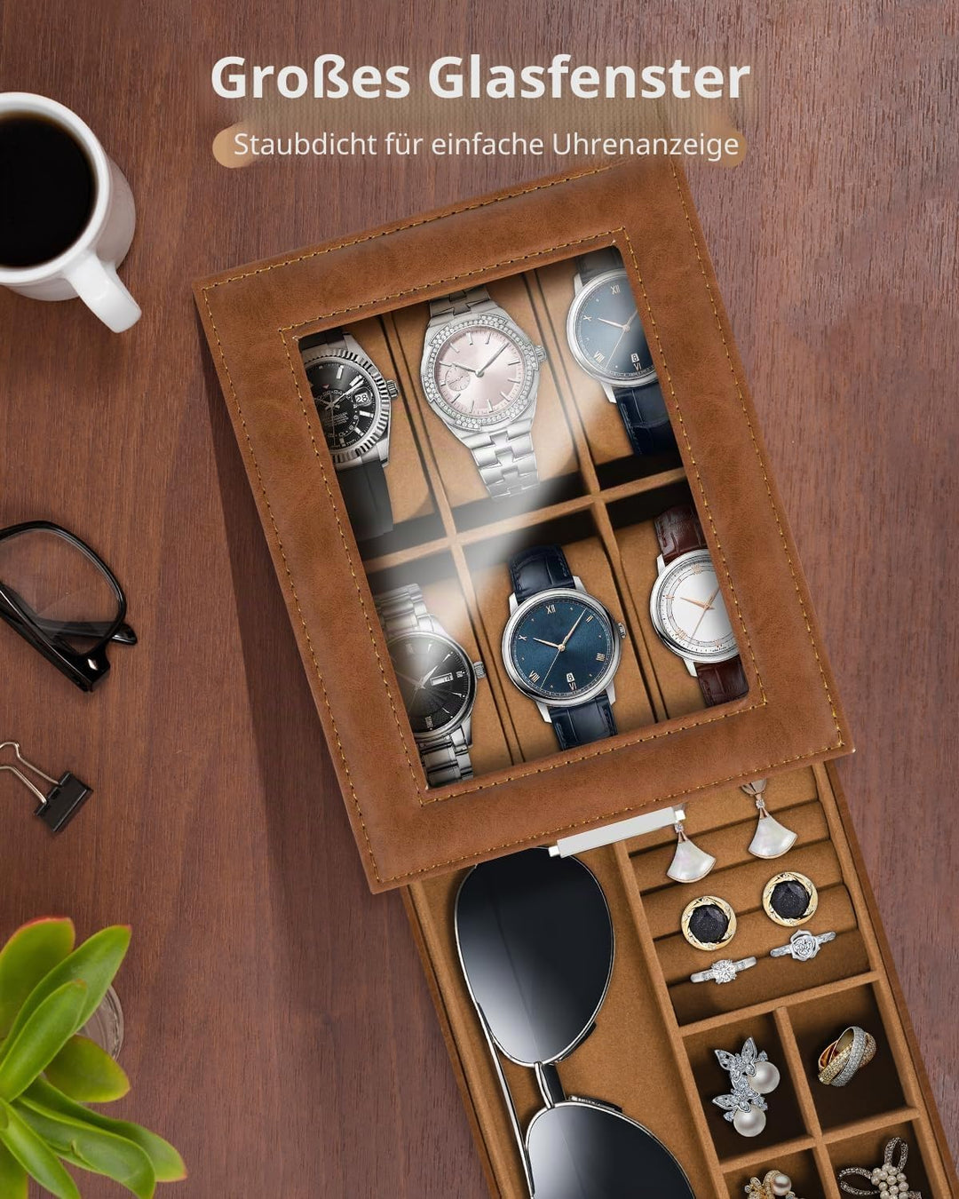 Uten Uhrenbox, 6 Fächern und 1 Schublade mit Schlüsselschloss, Glasdeckel, Braunes PU, Braunes Samtf