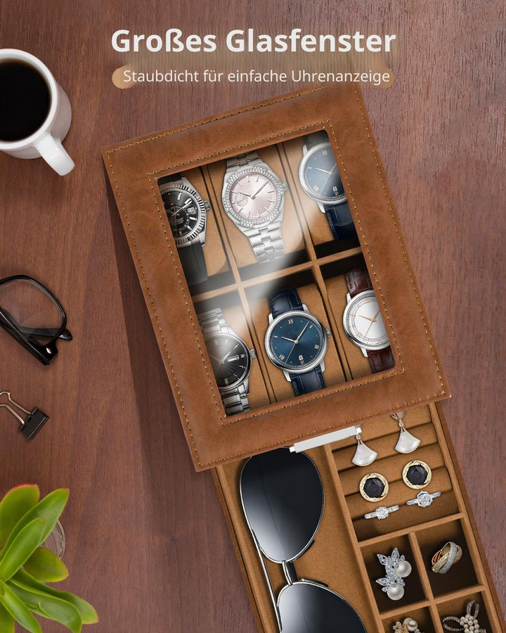 Uten Uhrenbox, 6 Fächern und 1 Schublade mit Schlüsselschloss, Glasdeckel, Braunes PU, Braunes Samtf