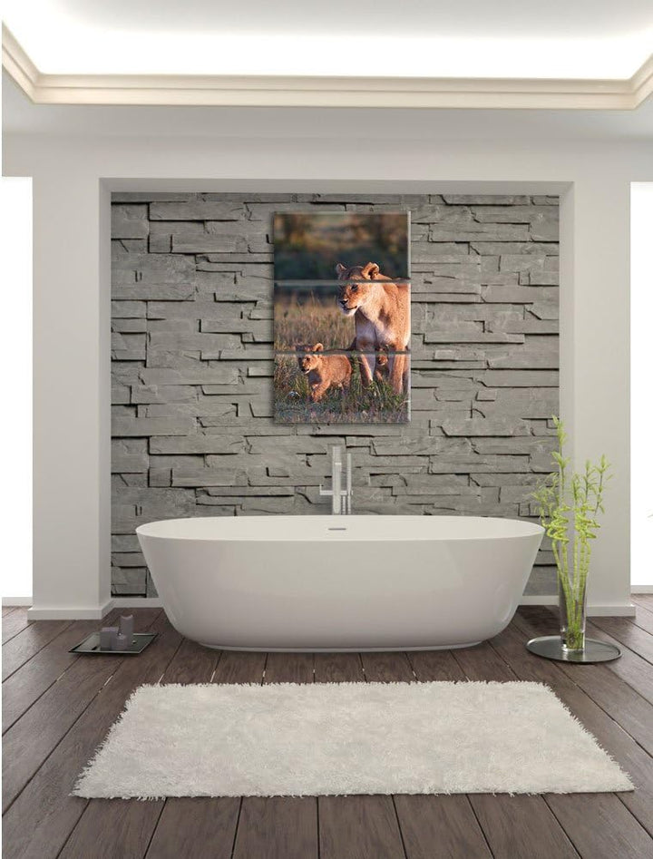 Pixxprint Löwenmutter mit Jungtieren 3-Teiler Leinwandbild 120x80 Bild auf Leinwand