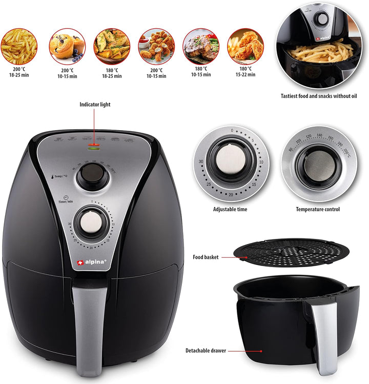 alpina Heissluftfritteuse - Airfryer - XL 3,2 Liter - 80-200 Grad - 1500 Watt - Schwarz 3,2 LITER AI