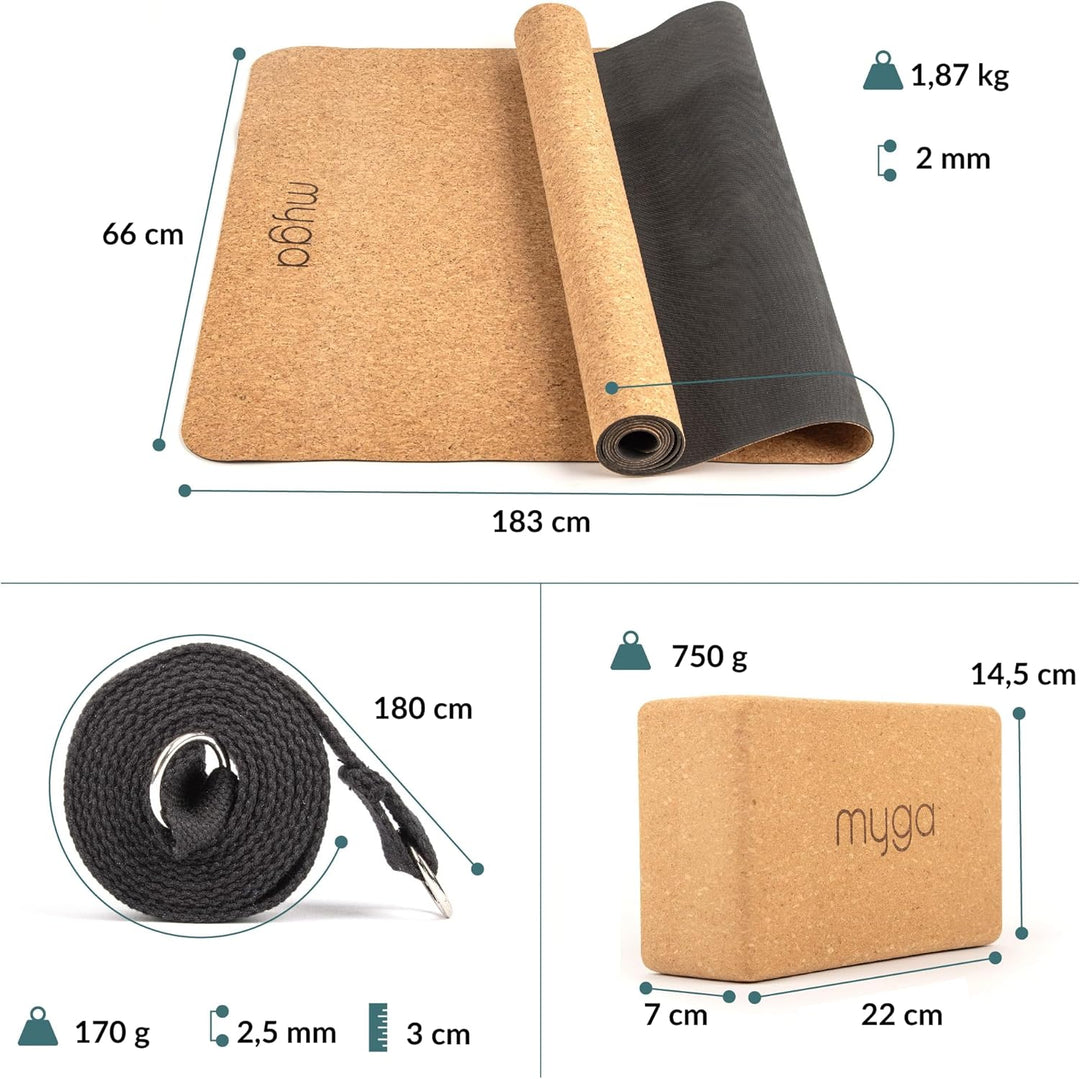 Myga Kork-Yoga-Starter-Set – Kork-Yoga-Matte, 2 Kork-Yoga-Blöcke und Yogagurt – Starter-Set mit Matt