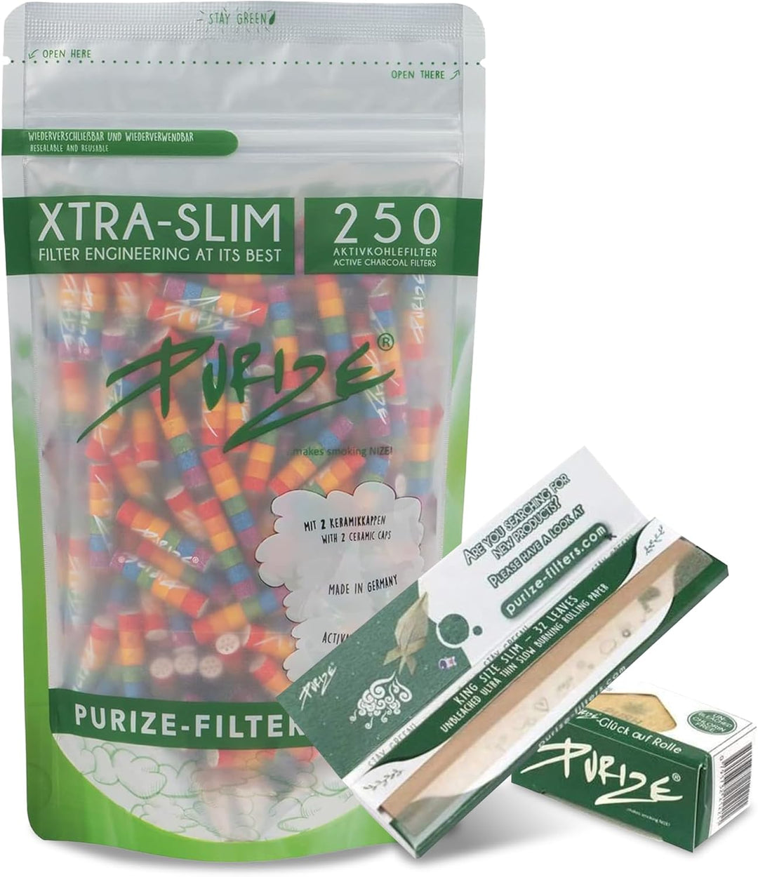 PURIZE Aktivkohlefilter Xtra Slim Size Set - 250 Filter + Papers + 4m Paper Roll - Ø 5,9mm premium F