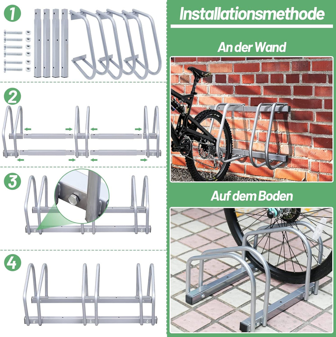 Tubiaz Fahrradständer Standparker, Für 4 Fahrräder Boden- oder Wandmontage, 35-55 mm Reifenbreite Si
