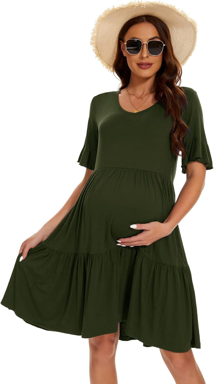 Smallshow Damen Umstandskleid Kurzarm Sommer Schwangerschafts Umstandsmode Kleid S Armeegrün, S Arme