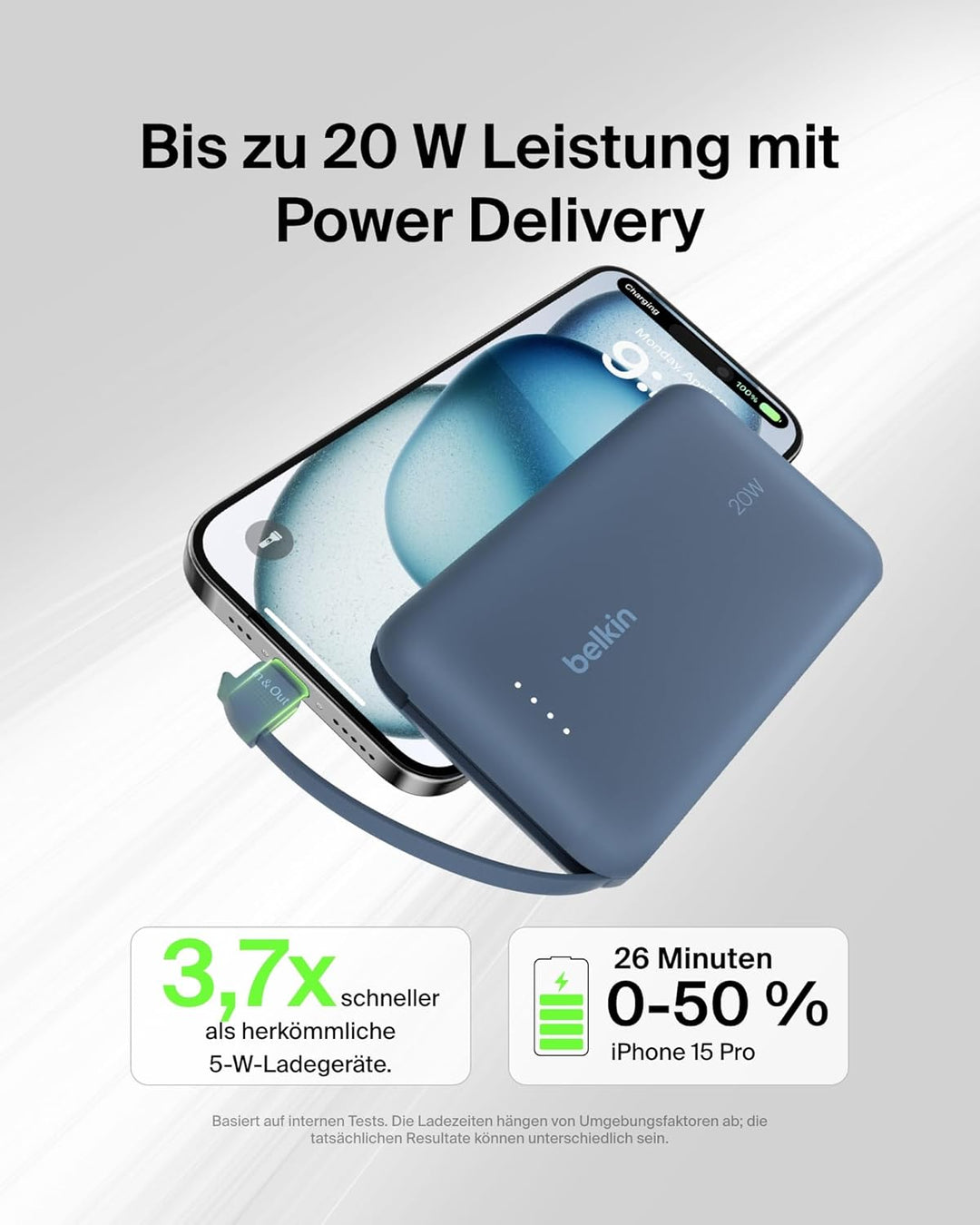 Belkin BoostCharge Power Bank, Portable Powerbank 10000mAh mit integriertem Kabel, PD 20 W – USB-C P