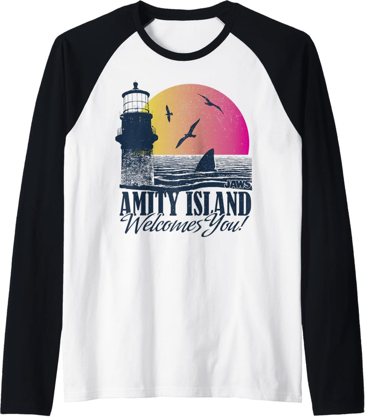 Jaws Amity Island Welcomes You Shark Fin Sunset Raglan