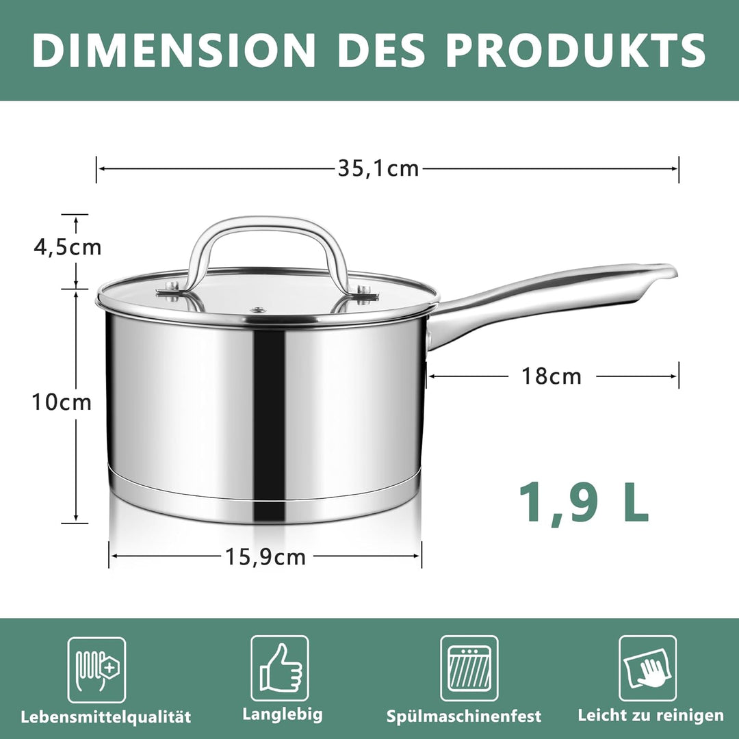 TEAMFAR Stielkasserolle 16cm, Edelstahl Milchtopf Kochtopf Induktion mit 3-Lagen Boden für alle Herd