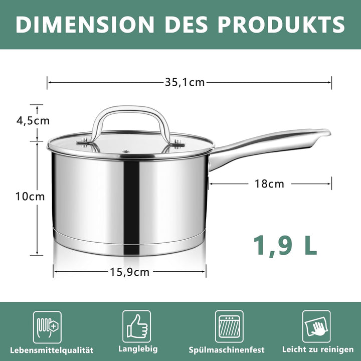 TEAMFAR Stielkasserolle 16cm, Edelstahl Milchtopf Kochtopf Induktion mit 3-Lagen Boden für alle Herd