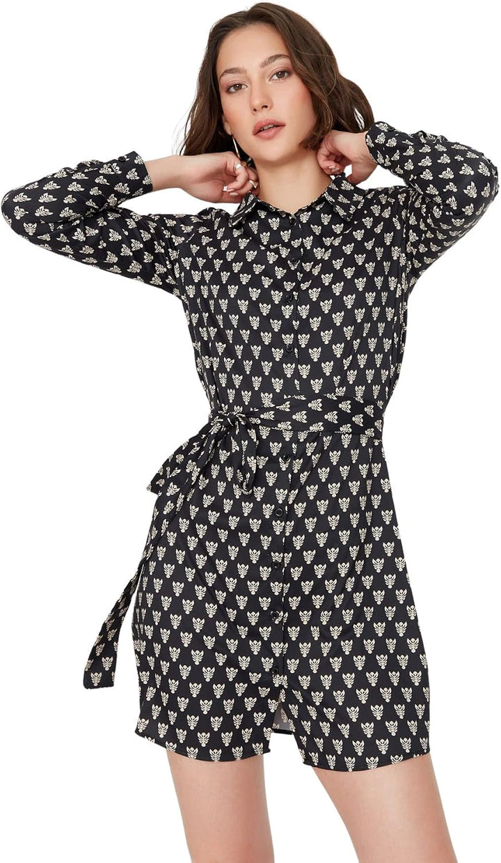 TRENDYOL Damen Woman Midi Shirt Polo Neck Woven Dress Kleid 38 Schwarz, 38 Schwarz