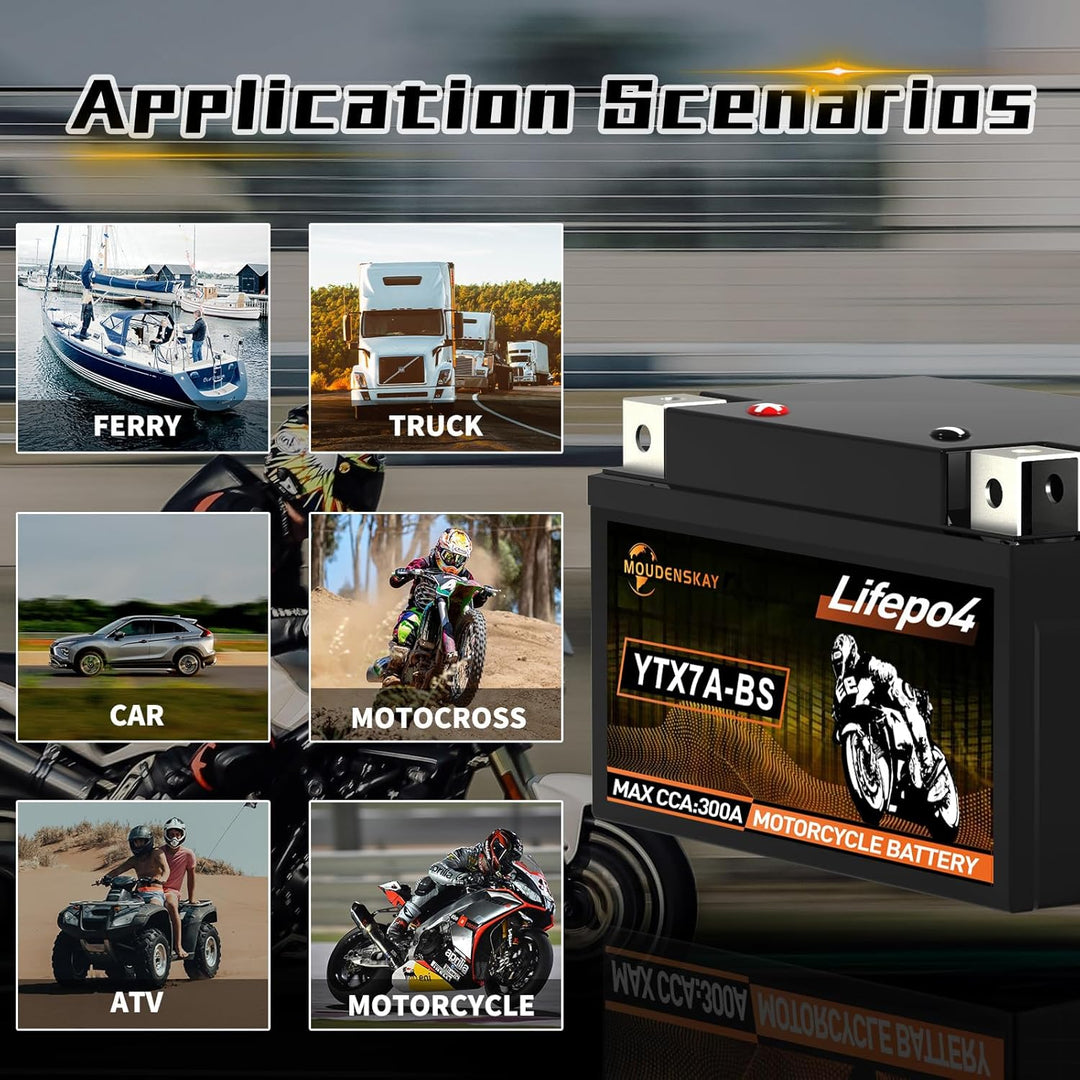 MOUDENSKAY Lithium Motorrad Batterie 12V Lithium Powersports Batterie mit BMS (YTX7A-BS 12.8V 3Ah 30