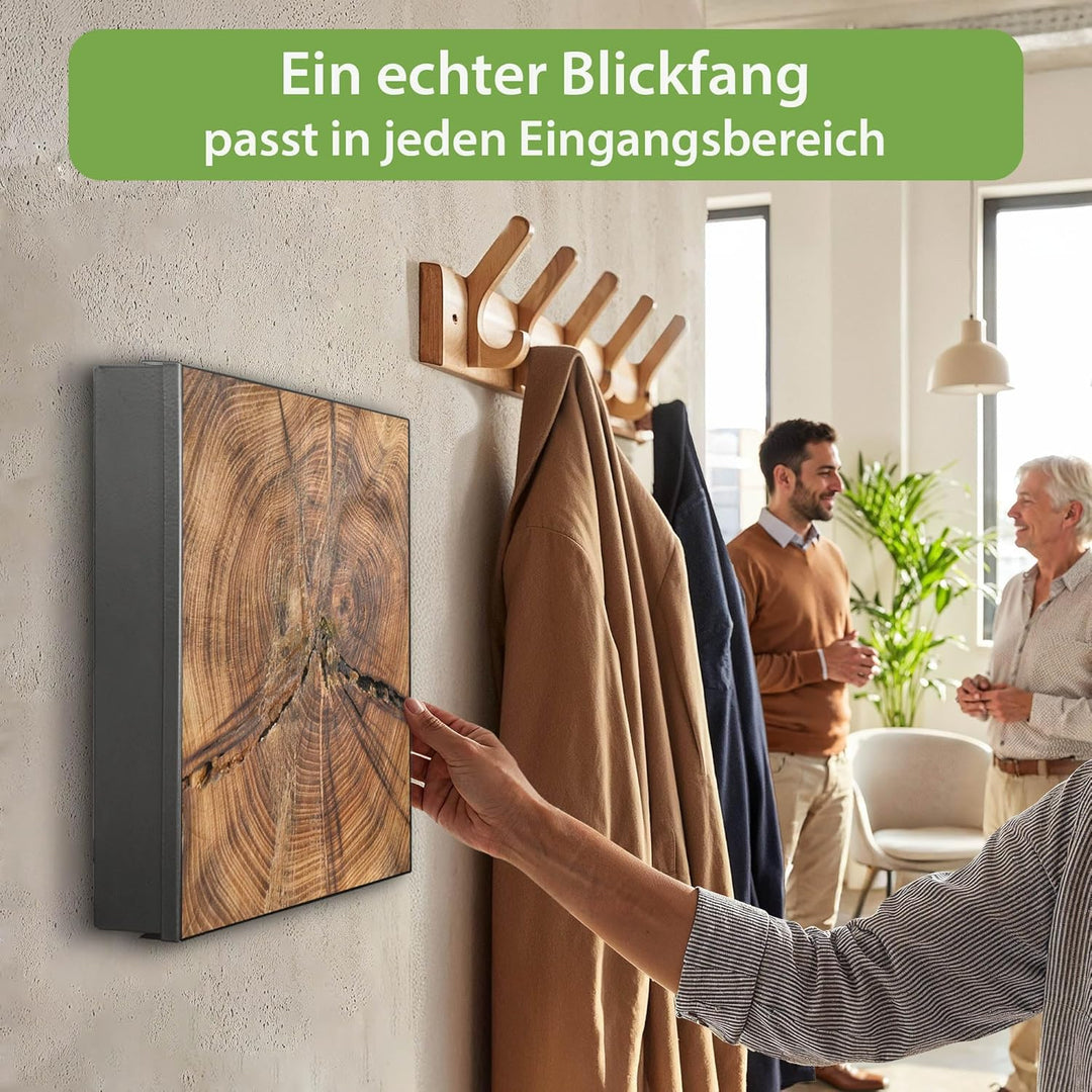 banjado® Grosser Schlüsselkasten Glas/Schlüsselbox 30cm x 30cm mit 50 Haken - Motiv Jahresringe/Schl