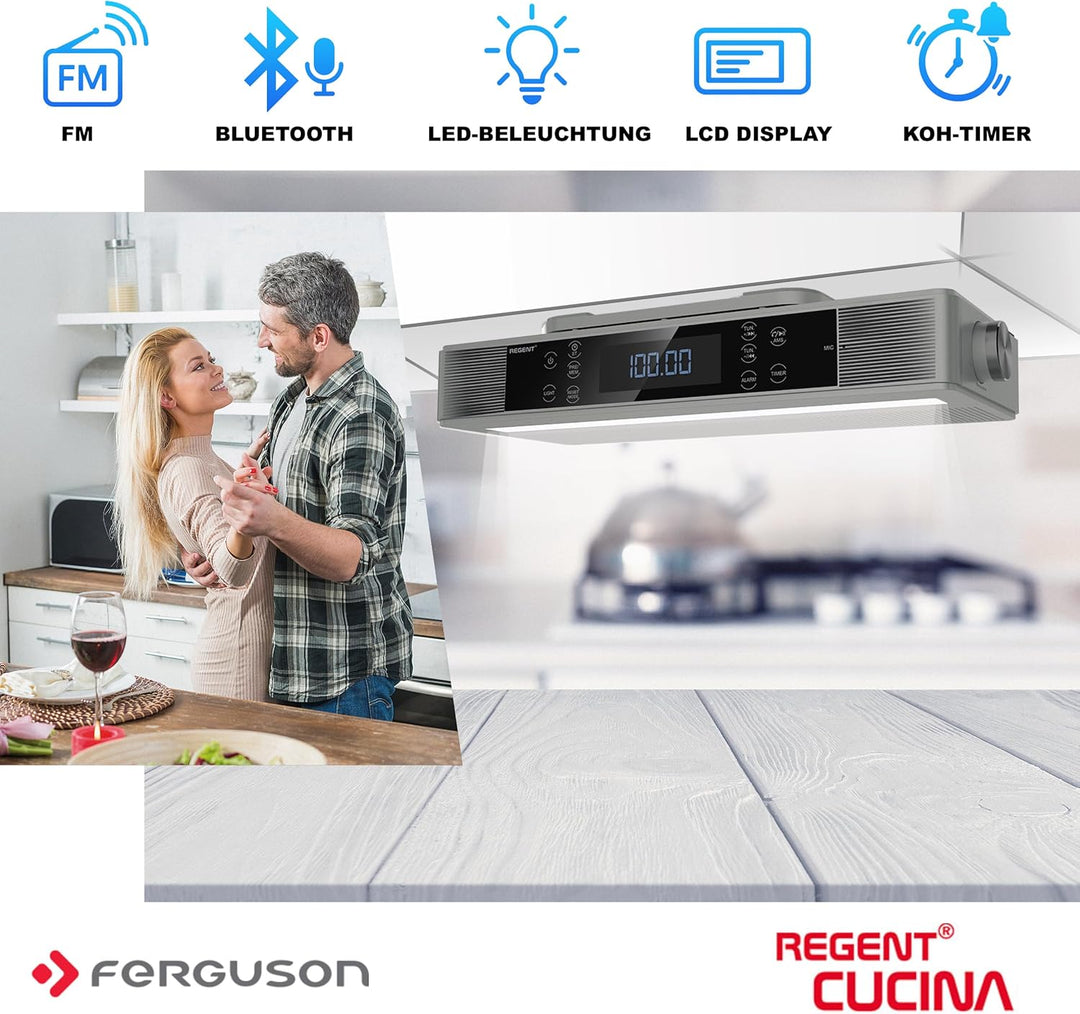 Regent Cucina Unterbau Küchenradio mit FM, Bluetooth, LED-Leiste, Farbdisplay, Küchentimer & 2 Wecke