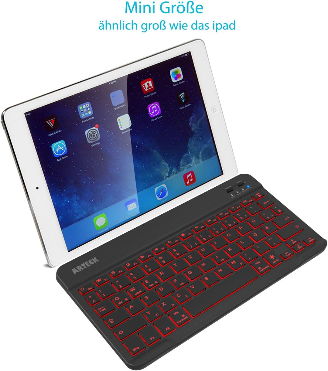 Arteck Bluethooth QWERTZ Deutsche Wireless Tastatur mit 7 Farben Ultraleicht und dünn Tragbare Kabel