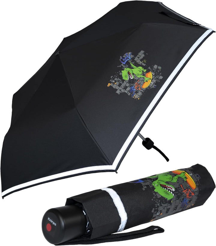 Knirps Kinder-Taschenschirm 4Kids Reflective mit Reflexborte - T-Rex, 90 cm, T-rex