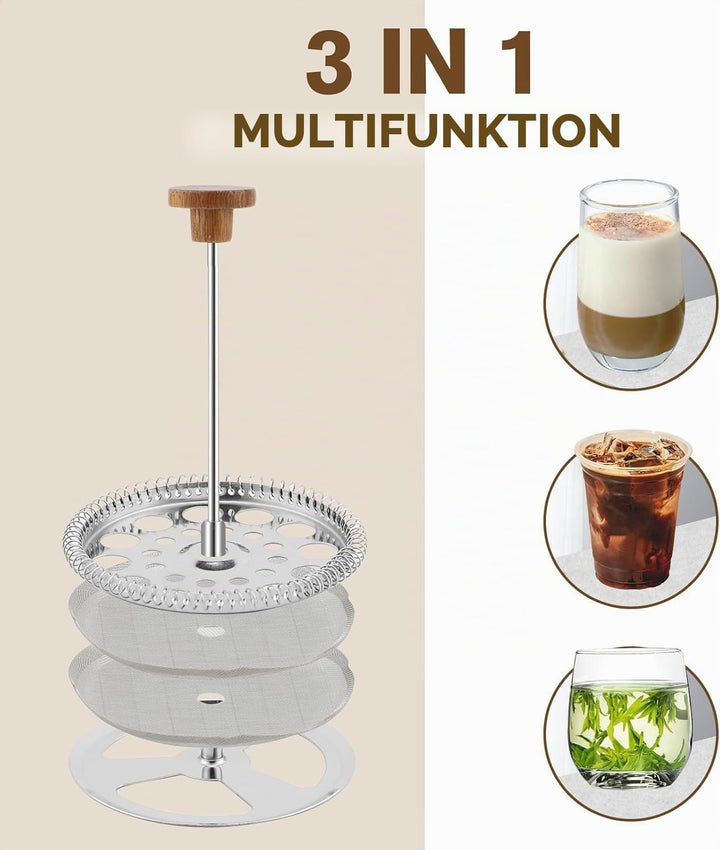 Rorence French Press 1L Edelstahl doppelwandig isoliert – Kaffeebereiter mit Holzgriff &amp; Edelstahl-F