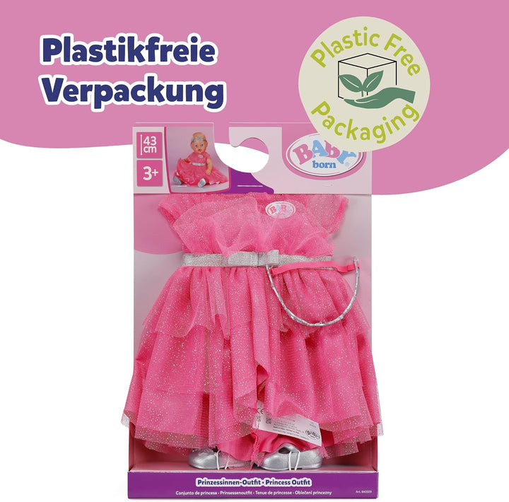 Baby Born Prinzessinnen-Outfit mit rosa Kleid, Tiara und silbernen Schuhen für 43cm Puppen