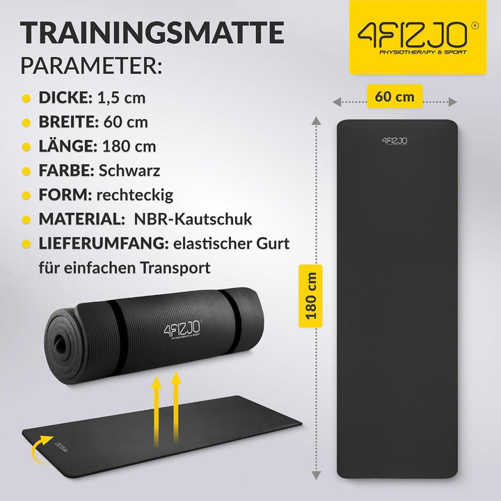 4FIZJO Fitnessmatte mit Tragegurt, Abm. 180x60 cm, NBR-Schaumstoff, Rutschfest, Komfort, In &amp; Outdor