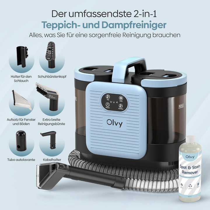 Olvy Teppichreiniger PRO – Nasssauger Polsterreiniger mit Dampf – 100°C Steam Cleaner – Sofa Reinige