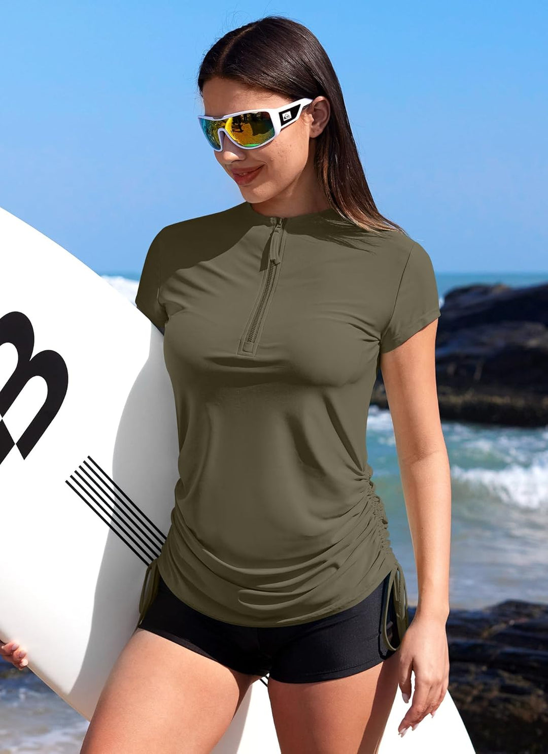 BesserBay Damen Surf Shirt Bademode Rash Guard UV Shirts mit Kurzarm und 1/4 Zip Surf Shirt Schwimme