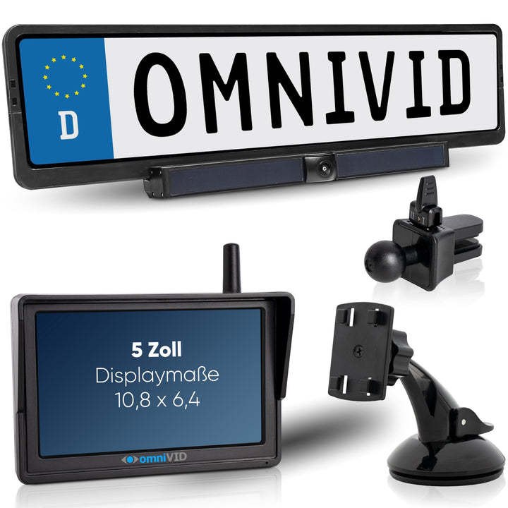 omniVID® Solar5 Premium Solar Rückfahrkamera-System, Kabellos mit 5 Zoll Monitor u. solarbetriebende