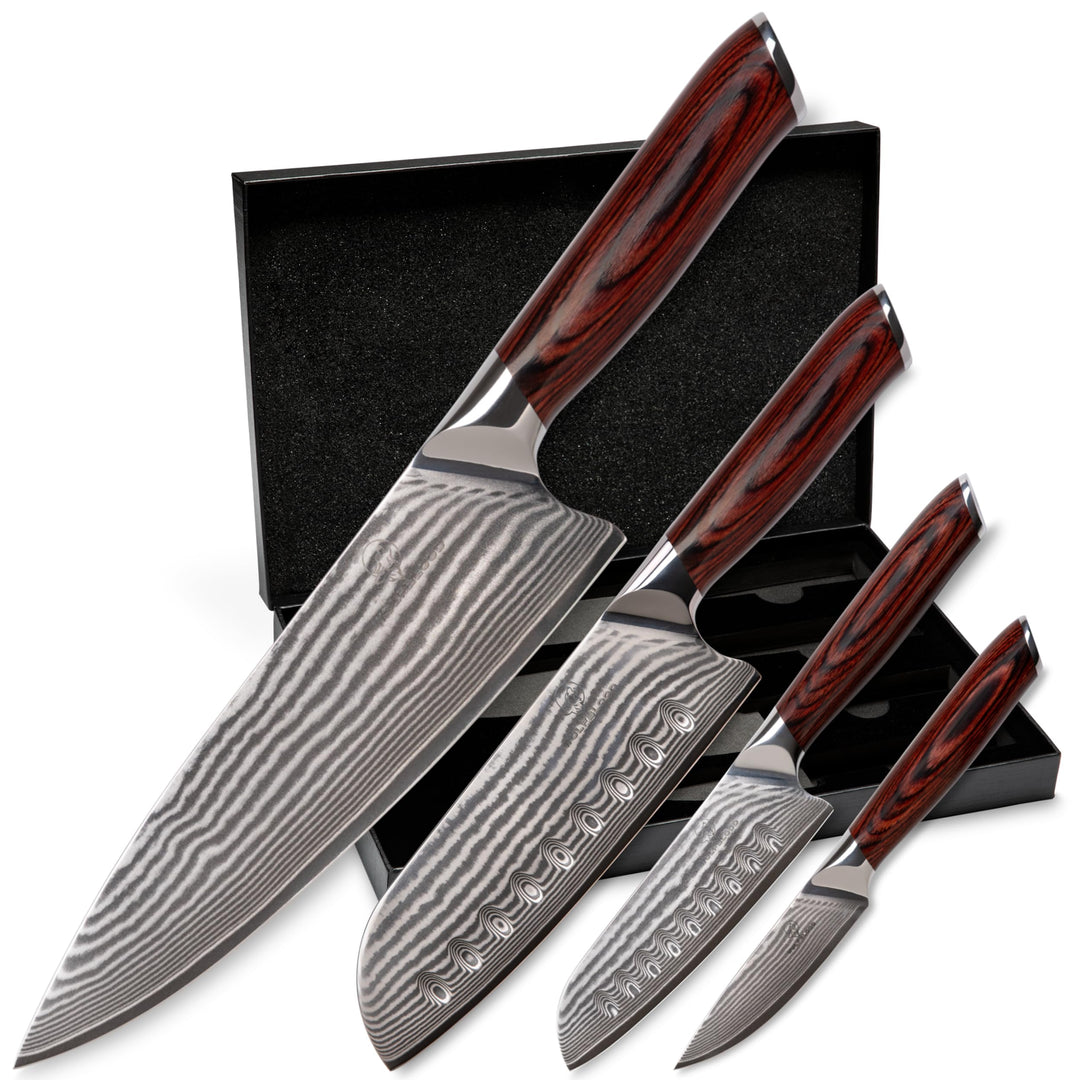 Wolfblood 4er Damastmesser Set (32, 30, 24 und 21 cm) TÜV geprüfter 62 HRC Damaststahl aus 67 Lagen