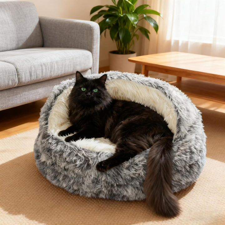 Flauschig Haustierbett Waschbar Katzenbett Hundebett Plüsch Katzenkissen Warm Kuschelbett mit Kapuze