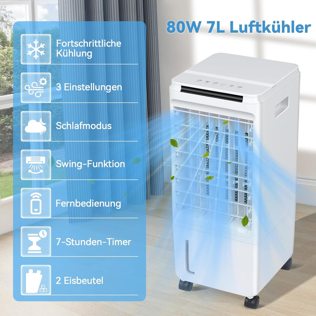 Fullwatt Mobiler Luftkühler 7 Liter Kapazität, Mobile Klimageräte mit 2 Kühlakkus, 80W, 3 in 1 Luftb