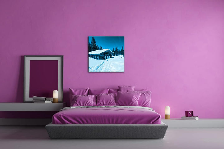 deyoli Skihütte im Winter Format: 70x70 Effekt: Monocrome Blau als Leinwandbild, Motiv fertig gerahm