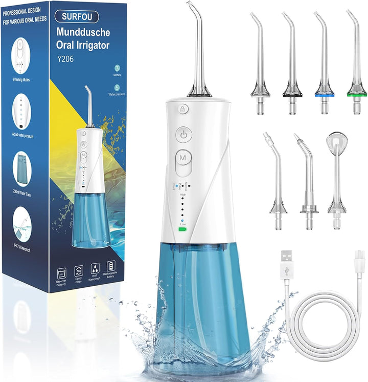 SURFOU Munddusche Kabellos Mundduschen 230ML 3 Modi 7 Düsen, Mundduschen Reise Water Flosser IPX7 Wa