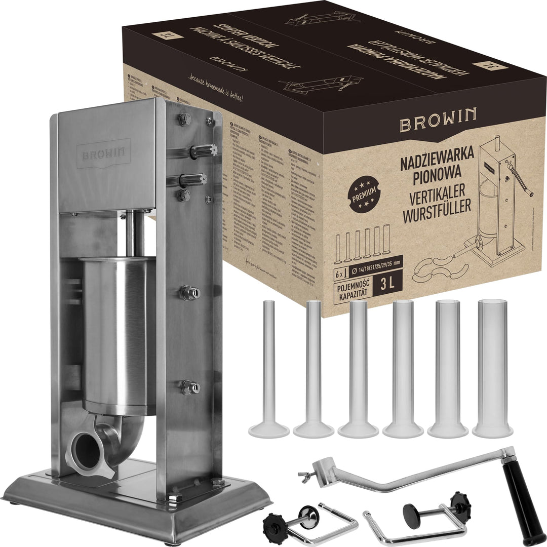 BROWIN® Manuell Wurstfüller aus Edelstahl 311036 | 3 Liter vertikale Wurstmaschine mit Tischklemme |