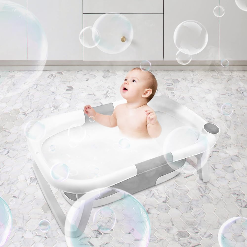OHMG Faltbare Badewanne für Kinder, Babybadewanne, tragbar, multifunktional, grau, mit Ständer, mit
