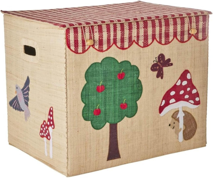 RICE Aufbewahrungskorb Happy Forest | Kinderzimmer-Korb mit Waldmotiv, Deckel & Griffen | Handgefert