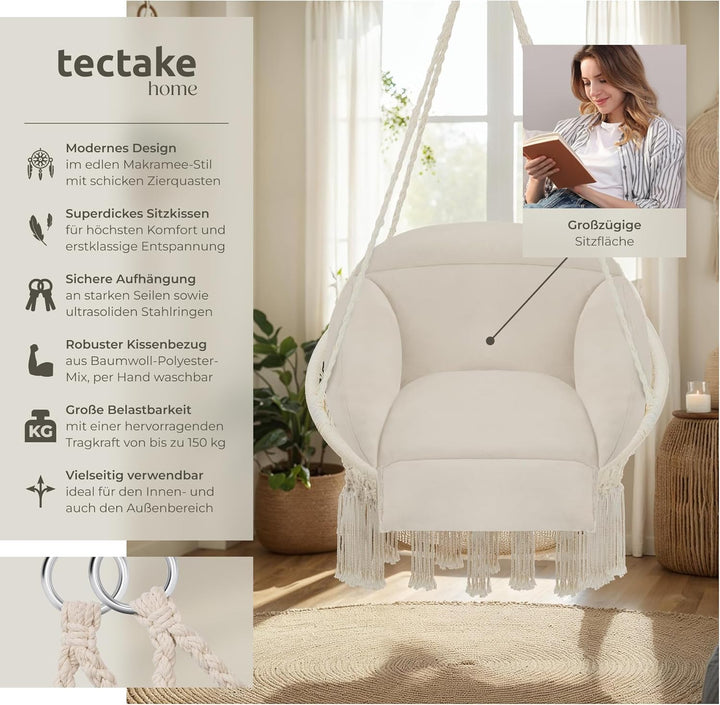 tectake® Hängesessel, Hängeschaukel mit dicken Kissen & Quasten, Boho Hängekorb Ø 80 cm, Hängesessel